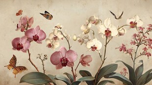 复古风兰花蝴蝶装饰画
