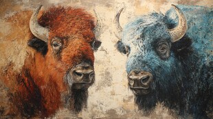 双牛对峙油画艺术图