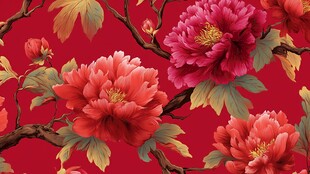 红色背景上的绚丽牡丹花卉