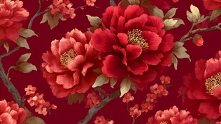 深红背景上的艳丽牡丹花