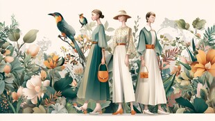 三位佳人漫步花草间