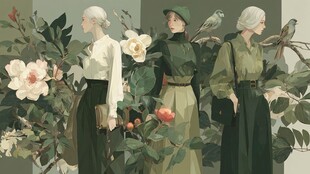 三位优雅女士与花卉鸟类