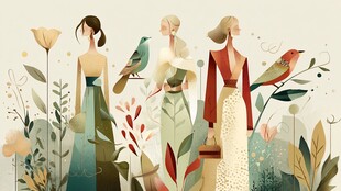 三位优雅女士与花鸟插画