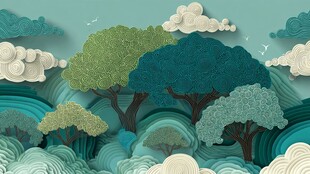 纸艺风格的梦幻森林景观