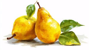 水彩画中的黄梨与绿叶