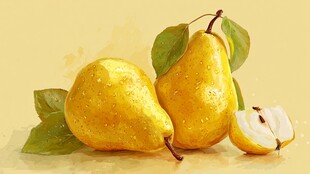 黄澄澄梨子带叶清新画面