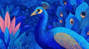 蓝色梦幻孔雀与植物景观