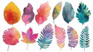 多彩水彩风树叶图案集合