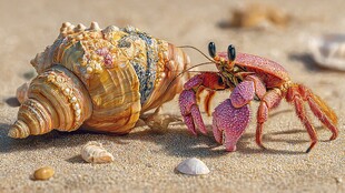 寄居蟹与海螺的沙滩邂逅