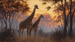 黄昏下的长颈鹿母子