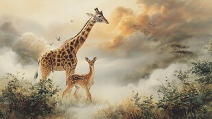 黄昏下长颈鹿母子漫步