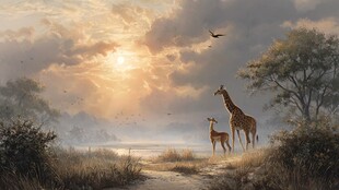 夕阳下长颈鹿母子温馨画面