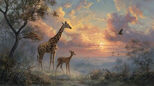 黄昏下长颈鹿母子的温馨画面