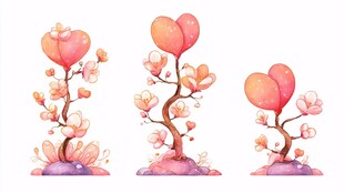 水彩爱心花朵植物插画