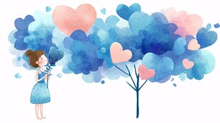女孩与爱心云朵树