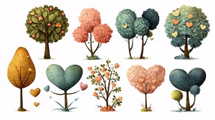 可爱心形树木插画集合