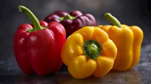 多彩甜椒摆放在深色背景上