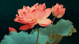 粉色盛开荷花与荷叶