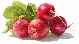 新鲜红皮萝卜水彩画