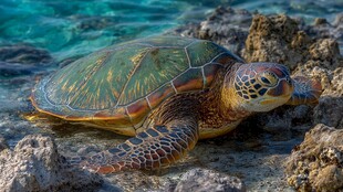 海龟栖息于礁石与碧海间