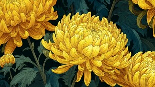 金黄菊花绽放 清新插画风