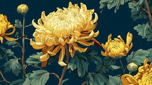 金黄菊花绽放于绿叶间