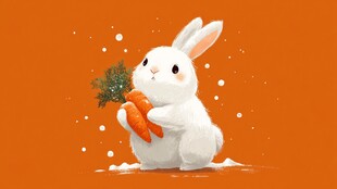 白兔抱胡萝卜的冬日萌趣画面