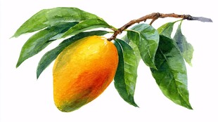 水彩绘枝头芒果绿叶