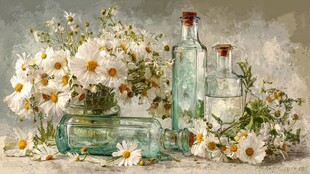 复古风雏菊与玻璃瓶静物