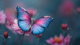 梦幻蓝粉蝴蝶停驻花丛间