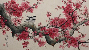 红梅枝头双鸟图