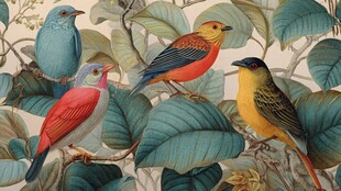 丛林中多彩鸟儿栖息画面