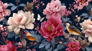 繁花飞鸟中式浪漫图案