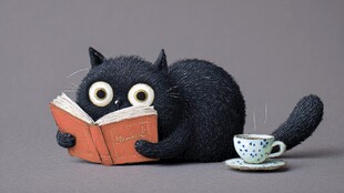 黑猫惬意读书喝咖啡