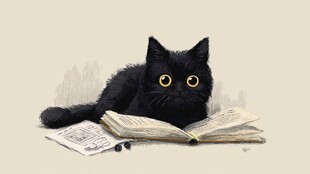 黑猫卧于翻开书本旁