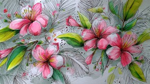 手绘粉色花卉与绿叶图案