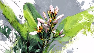 手绘清新花卉与绿叶景致