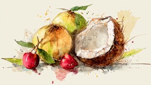 水彩绘椰子与红果