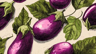 紫色茄子与绿叶手绘图案