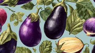 手绘多彩茄子与绿叶图案