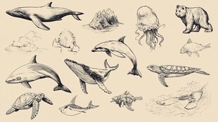 手绘海洋及极地动物集合