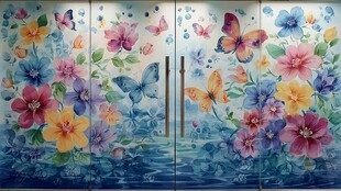 梦幻花卉蝴蝶玻璃门装饰
