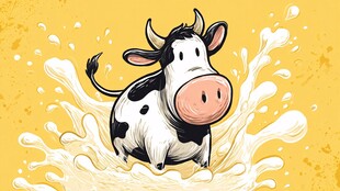 跳跃奶牛溅起牛奶花