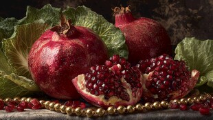 红石榴与菜叶的静物之美