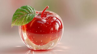 晶莹剔透玻璃苹果与绿叶