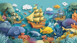 海底奇幻帆船与多彩生物