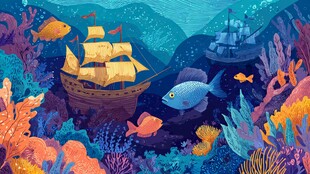 海底奇幻世界中的古老帆船