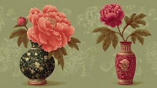 双瓶牡丹 古典雅致花卉图