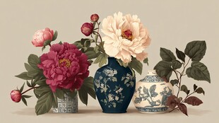 中式花瓶与娇艳花卉组合