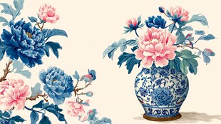 青花瓷瓶中的牡丹花卉